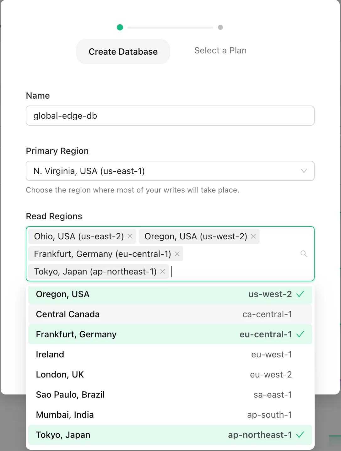 Select regions for a Global Redis database
